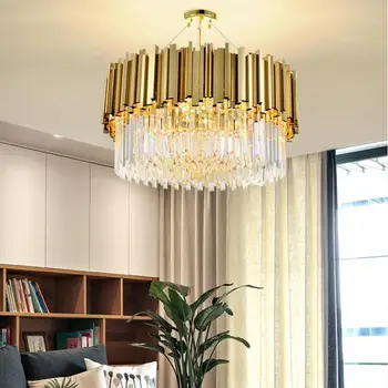 

Modern Crystal Lamp Chandelier For Living Room Luxury Gold Round Stainless Steel Chain Chandeliers Lighting Gold color
