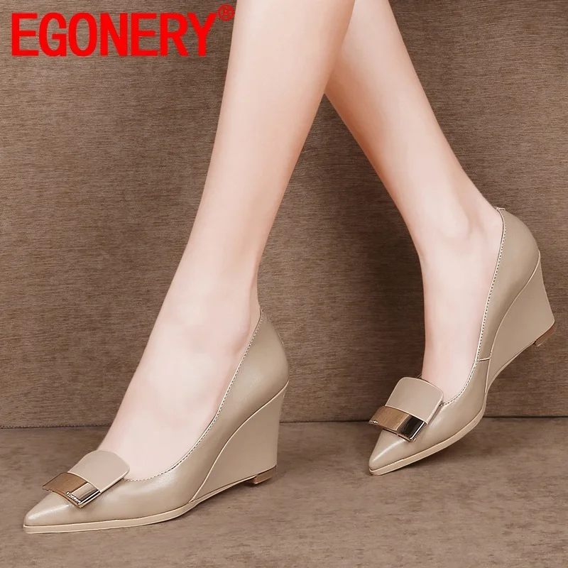 EGONERY, primavera nueva obra concisa de las mujeres fuera de tacones altos plataforma de punta de cuero genuino de las mujeres caída de zapatos envío