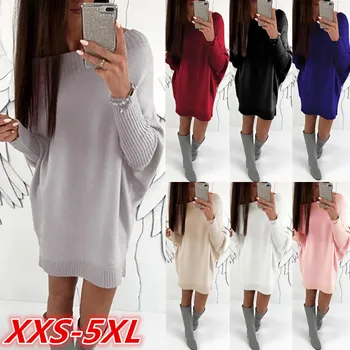

Boat Neck Long Sleeve Sweater Dress Autumn Winter Loose Casual Pink Gray Clothes Solid Women Dresses 7 Colors Plus Size Vestido