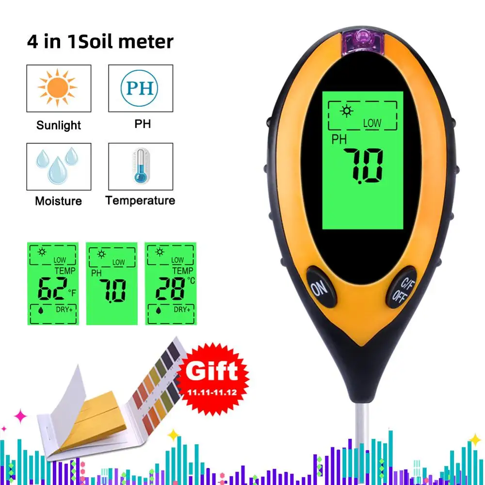 Günstig Yieryi 4 In 1 Digital PH Meter Boden Feuchtigkeit Monitor Temperatur Sonnenlicht Tester Für Gartenarbeit Pflanzen Landwirtschaft Mit Schwarzlicht