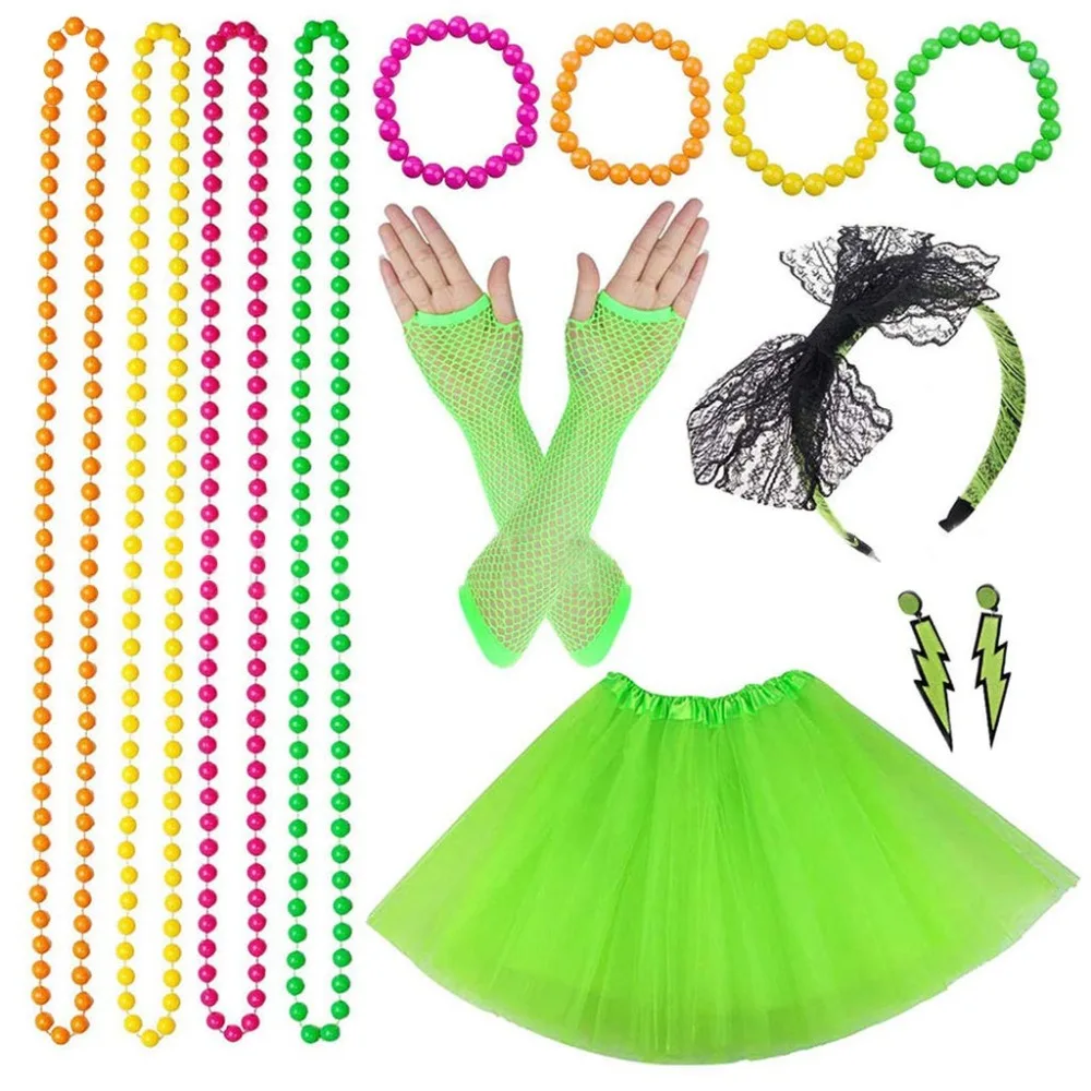 Women 80s Fancy Dress Accessories Retro Party Costume Set Adult Tutu Skirt Neon Fishnet Gloves Beaded Necklace Bracelet Earrings - Purple　6