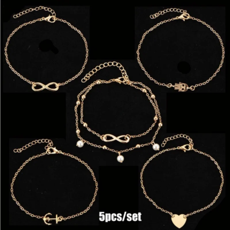 5PCS Женский браслет с бантом и бусинами, жемчужный браслет на лодыжке, богемный винтажный Серебристый браслет на ногу для женщин, Gife Cheville Boho Foot Jewelry, Новинка - Окраска металла: 5PCS