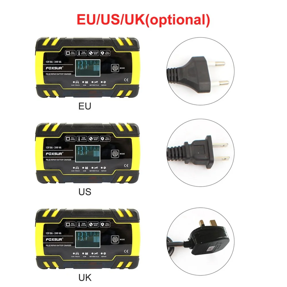

FOXSUR 12V/24V Motorcycle & Car Automatic UPS Intelligent LCD EFB AGM GEL Pulse Repair Battery Charger