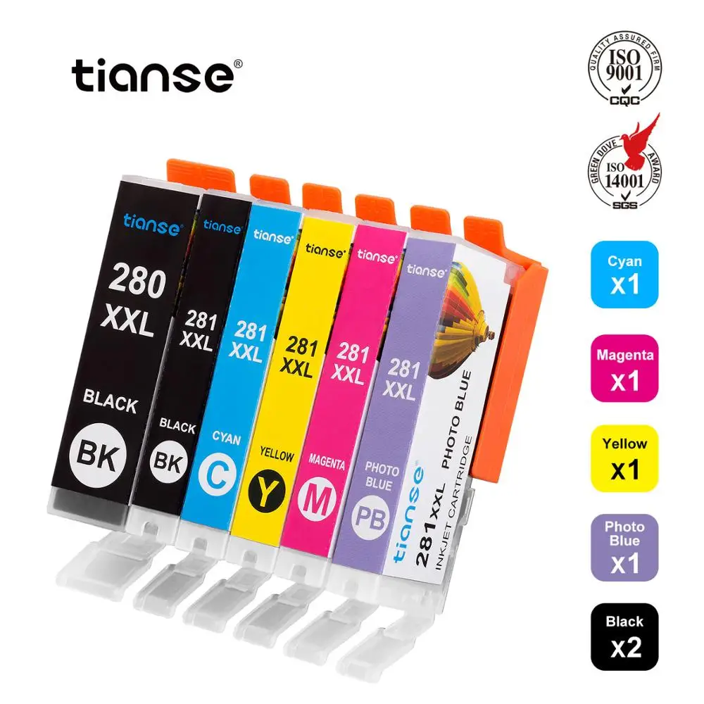 

TIANSE 6pk/set for PGI 280XXL CLI 281XXL Ink Cartridge for Pixma TS9120 TS6120 TS6220 TS8120 TR7520 TR8520 TS8220 TS702 TS9521C