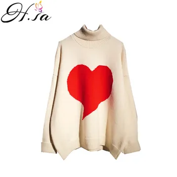 

H.SA Winter Turtleneck Pull Sweaters for Women Sweet Heart Knit Jumpers Winter Sweet Oversized Knit Tops Korean Jumpers Femme