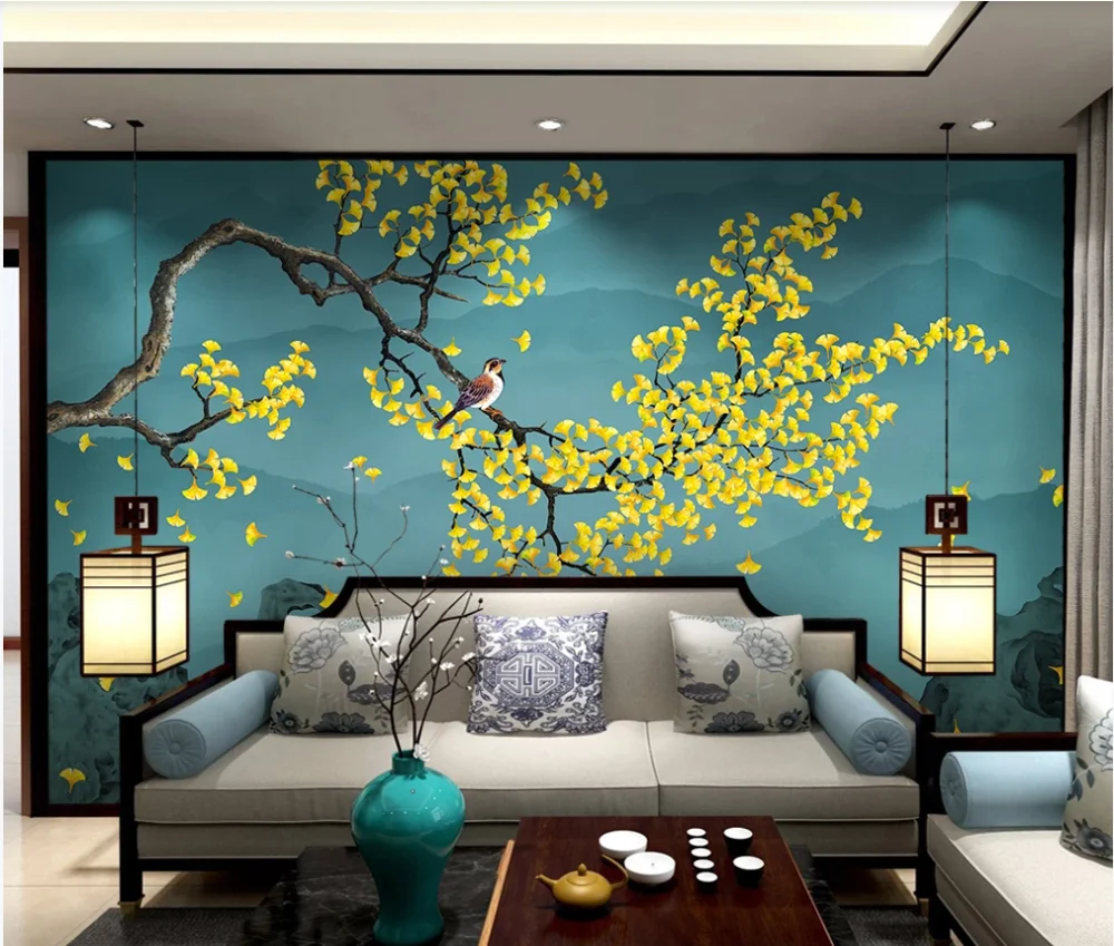 

XUE SU Customized large wallpaper mural new Chinese ginkgo hand-painted flowers and birds living room bedroom background wall