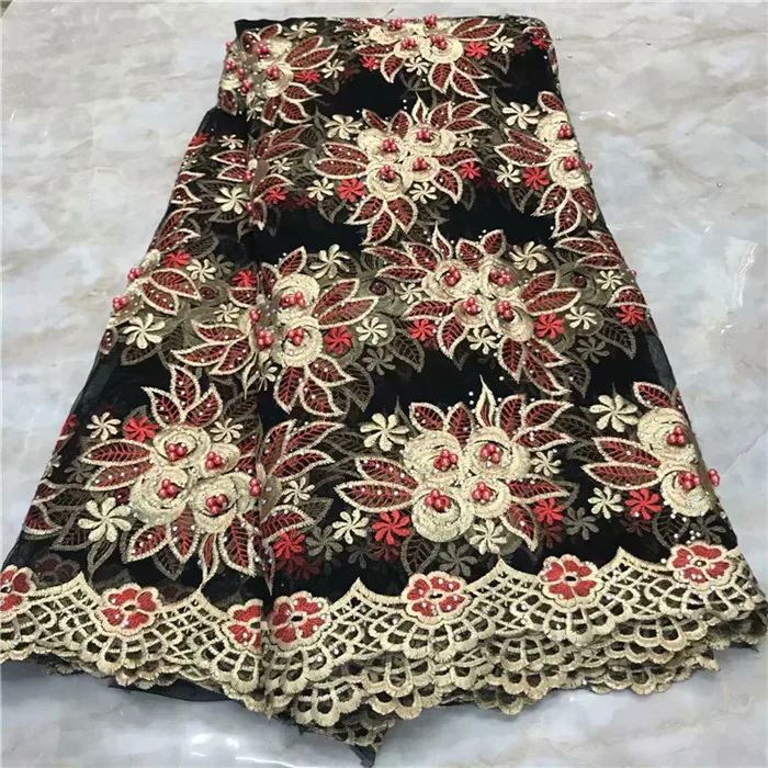

Lace Fabric Black and red African French Lace Fabric High Quality High-end handmade beaded Wedding Nigerian Lace Fabric