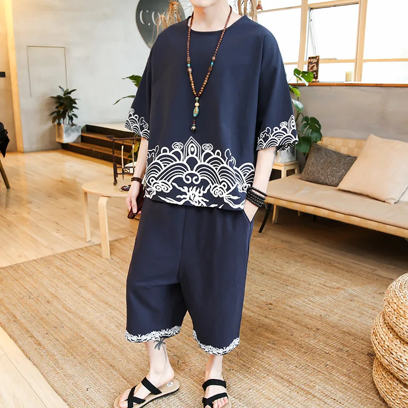 

Cotton Linen Chinese-style Set 2018 Summer New Style Men Printed Cotton Linen Short Sleeve T-shirt Capri Pants Men's Wear