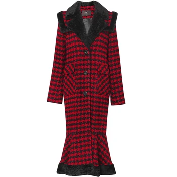 

Autumn winter vintage houndstooth Slim woolen coat women thickening fishtail long wool blends coat