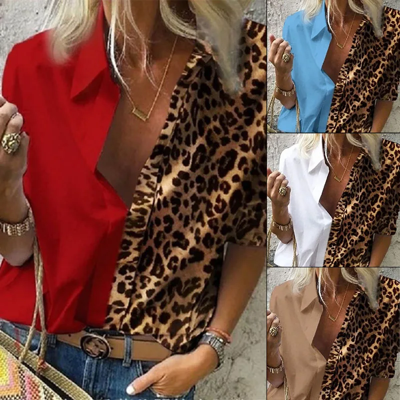 Women Blouses 2020 Autumn Long Sleeve Turn Down Collar Office Blouse Shirt Casual Tops Leopard Stitching Blusas Femininas Women Blouses 2020 Autumn Long Sleeve Turn Down Collar Office Blouse Shirt Casual Tops Leopard Stitching Blusas Femininas