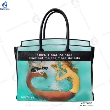

100% Hand-Painting Art Oil CUT Mermaid and cat Handbag Genuine Leather Top handle bags Women Messenger Bag Designer Real Cowskin