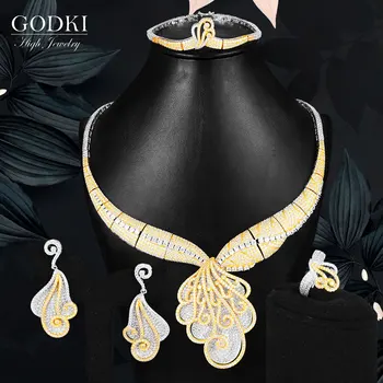 

GODKI Luxury Flower Double Layer Jewelry Sets For Women Wedding Full Micro Cubic Zirconia Dress Choker Necklace Earring Sets