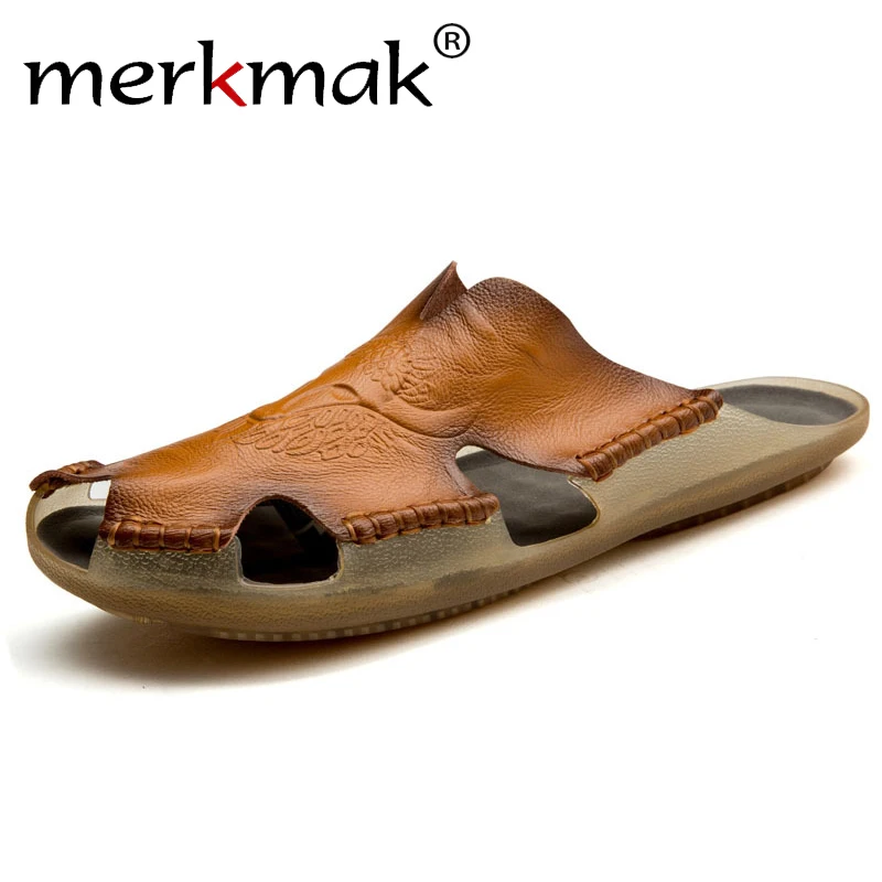 

Size 38-48 Summer Slippers Men Hollow Out Breathable Beach Sandals Shoes Male Casual Flats Flip Flops zapatos Leather Footwear