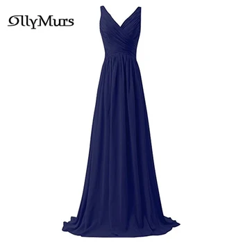 

Solid A-Line Women Party Dresses LR963 V-Neck Tank Bridesmaid Dress 2020 Royal Blue Chiffon Robe De Soiree Elegant Long Gowns