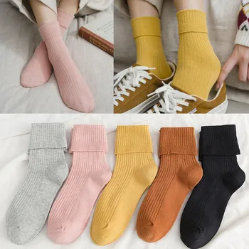 

5 Pairs Socks Women Keep Warm Middle Tube Cotton Socks Solid color Ladies Warm Flanging Socks Calcetines Meias W10