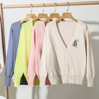 

2020 Autumn Spring Knitting Coat Women Knitted Cardigan Coat Cute Cat Embroidered Buttoned Front V Neck Ribbed Sweater female