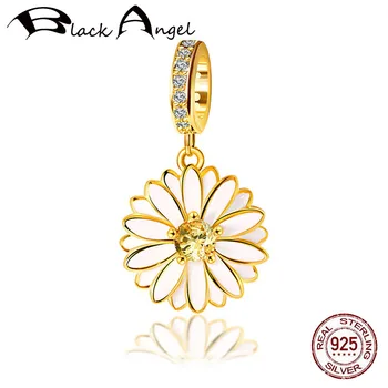 

925 Sterling Silver Luxury Citrine Zircon Enamel Daisy Charms Beads fit Charm Bracelets Bangle Pendant DIY Jewelry Making
