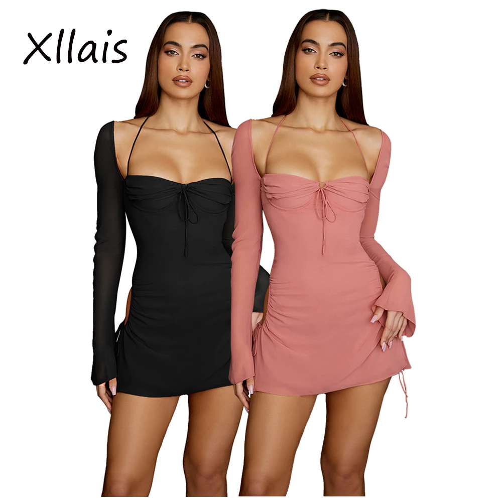 white dresses for women XLLAIS Wholesale Items Women Flare Long Sleeve Pink Dress Fashion Square Collar Bandage Robes Sexy Cut Out Party Club Vestidos fancy dress