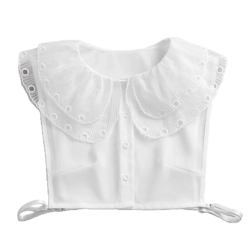 

Women Double Layer Large Lapel Fake Collar Ruffles Button Detachable Half Shirt U4LF
