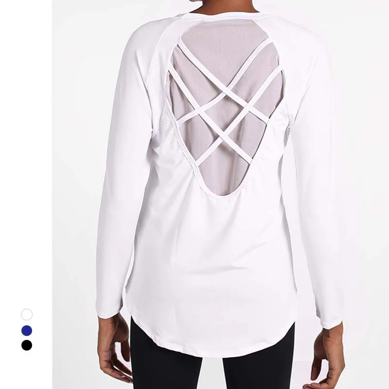 Свободная посадка Твердые фитнес спортивные рубашки блузка для женщин анти-пот o-образным вырезом тренировки бега с длинным рукавом Топы кружева пэчворк отверстия - Цвет: Белый