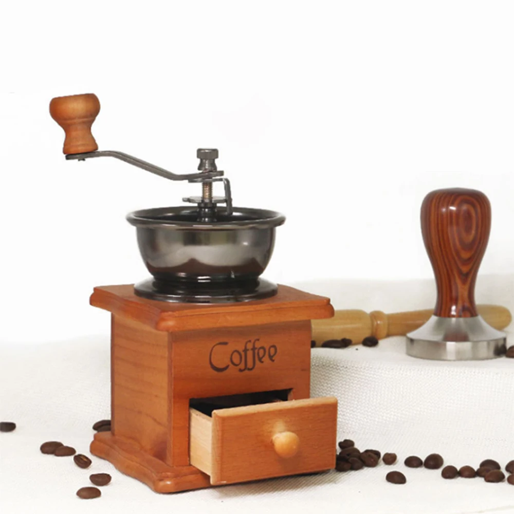 

Classical Wooden Manual Coffee Grinder Stainless Steel Retro Coffee Spice Mini Burr Mill Wheel Machine