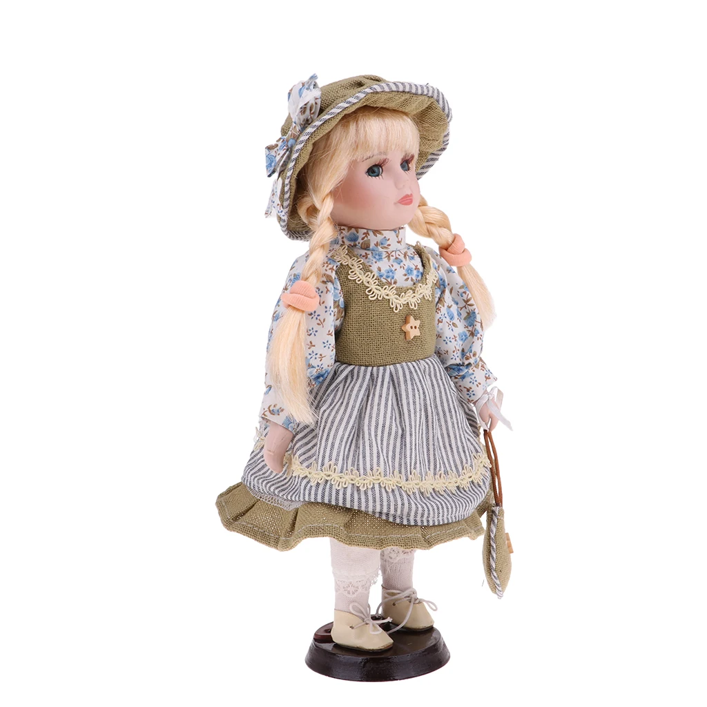 30cm Porcelain Doll Victorian Girl Standing Figures with Wooden Stand Kids Adult Collections