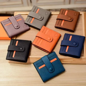 

Luxury Designer Genuine Leather Flap Cover Short Wallet Belt Buckel Cowhide Solid Color with Credit Card Slots High Quality