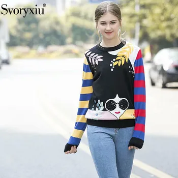 

Svoryxiu Designer Autumn Winter Pullovers Tops Women's Fashion Long Sleeve Beading Embroidery Stripe Knitting Jumper Female