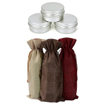 

3Pcs Linen Burlap Wine Bags, with Drawstrings - 6 in X13.4 in & 40Pcs 20Ml Cans Aluminum Cans Spiral Cover Round Cans