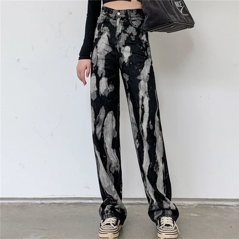 

Women's Jeans Retro Tie-dye Winter Loose Korean Style High-waisted Straight Wide-leg Mother Jeans Women's Boyfriend Style Jeans