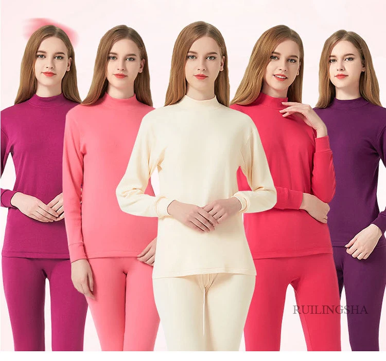 Women Winter Warm Long Thick Johns Pure Cotton Round Collar Thin Cotton Sweater Middle Collar Female Thermal Underwear Set thermal bottoms mens