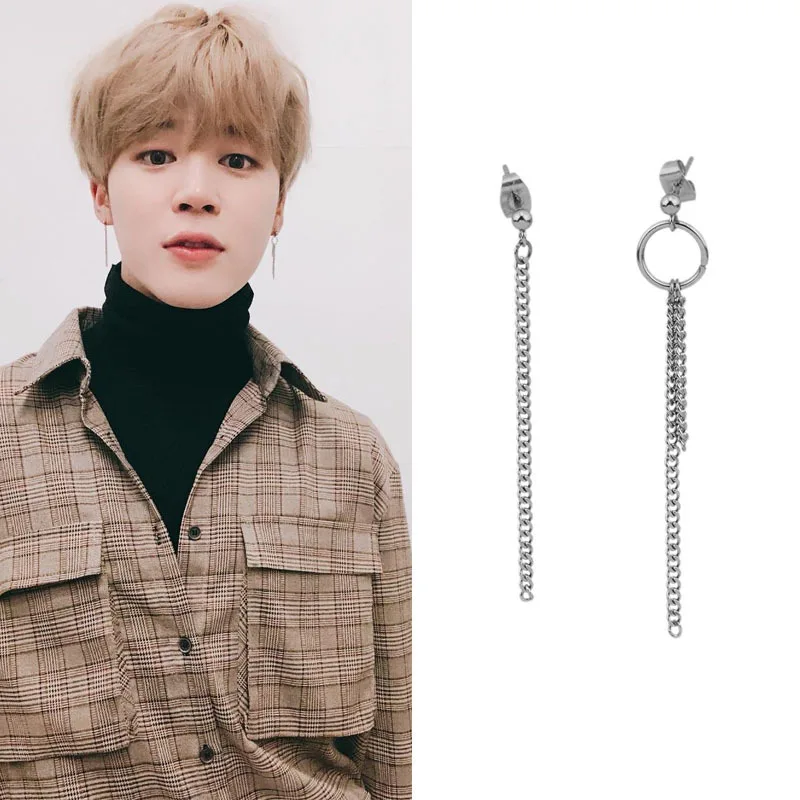 

BTS Bulletproof Boys Park Ji Min J-HOPE Celebrity Style Ear Stud Earrings South Korea Tassels Chain Non-symmetrical Couples