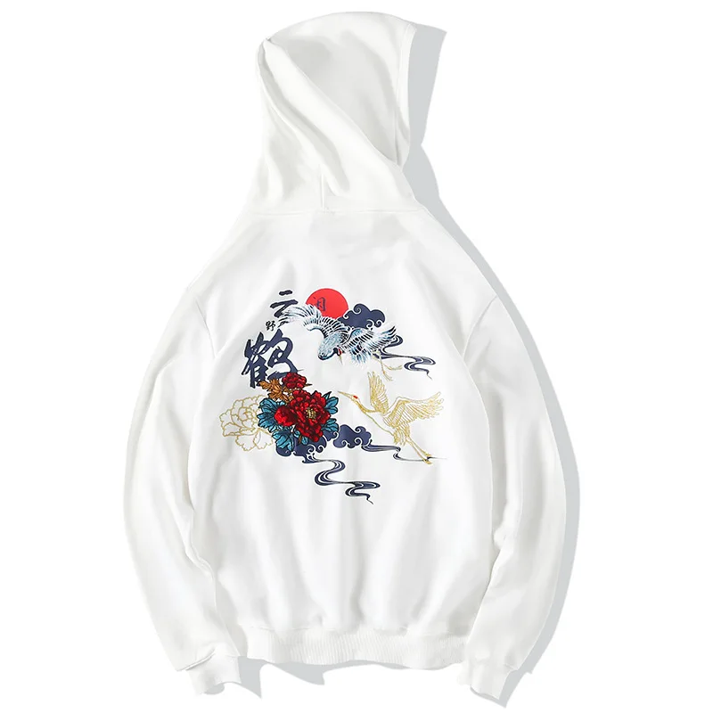 Harajuku Embroidery Crane Rose Hoodies Men Hooded Pullover Sweatshirts Streetwear Hip Hop Casual Black Hoodie Tops WO027