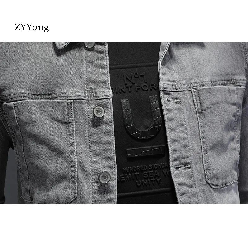 Мужская джинсовая куртка бомбер серая Повседневная приталенная из хлопка с