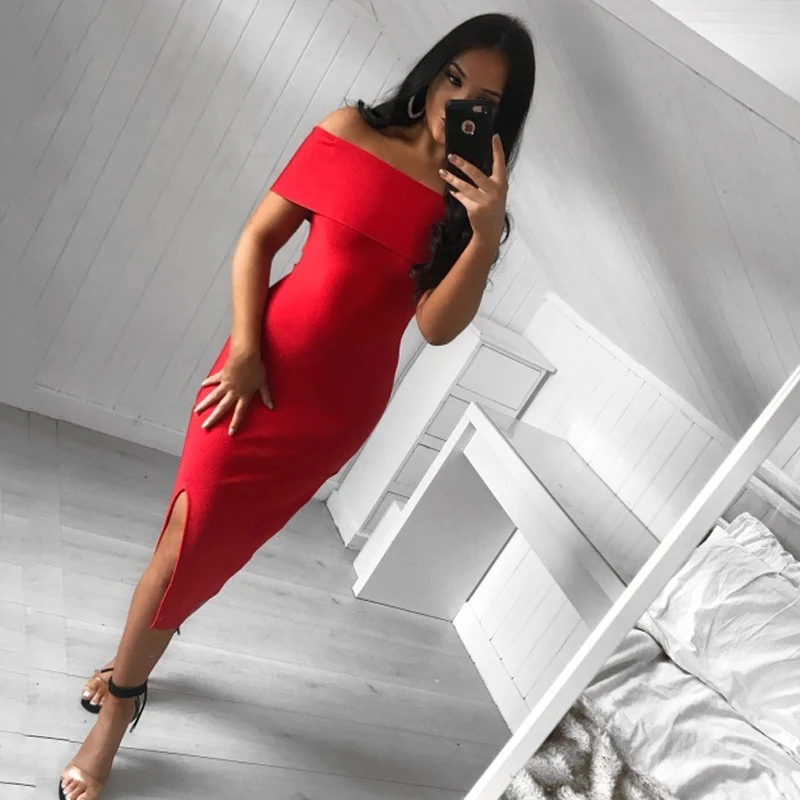 INDRESSME Бандажное платье с открытыми плечами и разрезом модное для женщин Платья для вечеринок