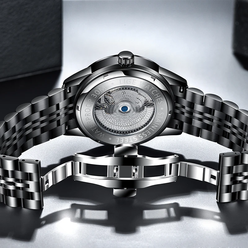 2021 LIGE top luxury automatic mechanical men's watch new design personality fashion watch men's stainless steel Wristwatch+Box