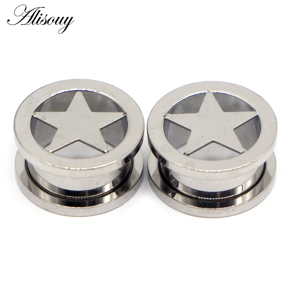 Alisouy 2pc 6-25mm Stainless steel Anodized Screw On Hollow Star Tunnels Ear Plugs Earlets Expander Gauges Body Piercing Jewelry