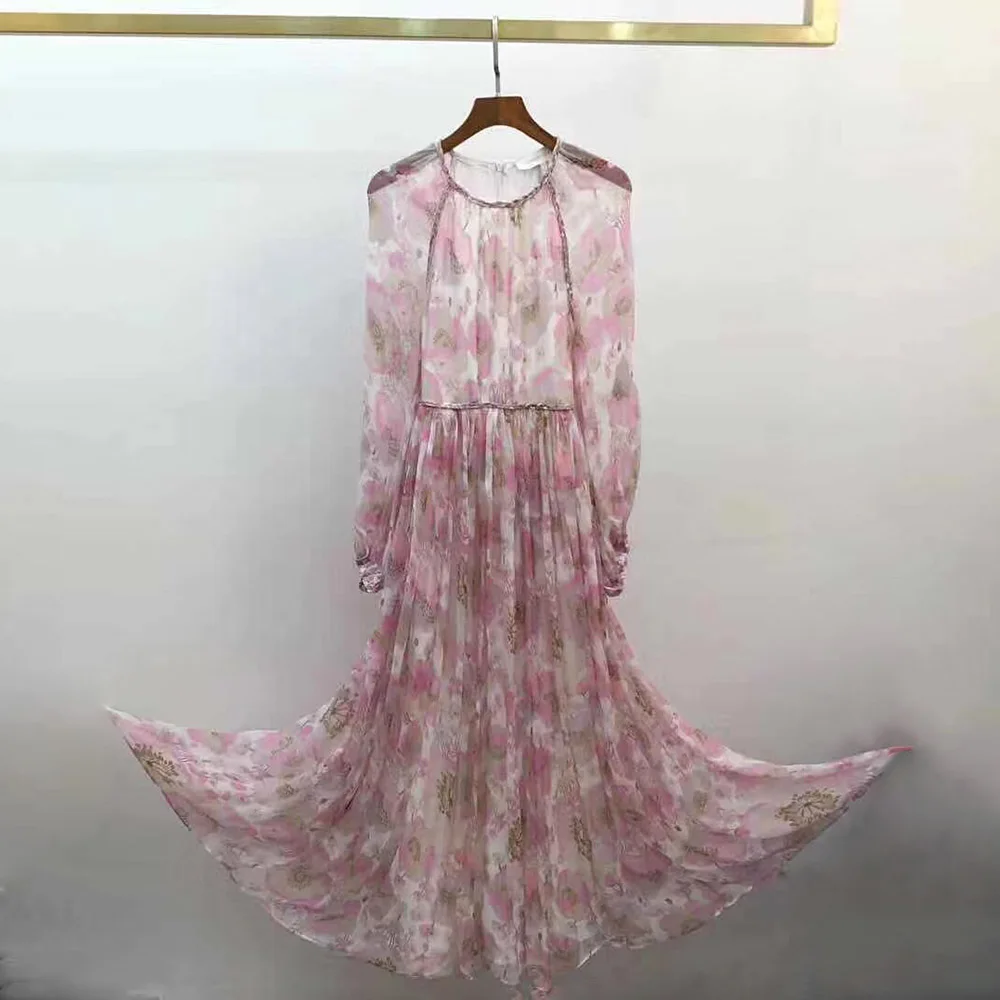 

European Fashion Pink Floral Dresses Women 20202 Spring New Luxury Top Quality Natural Silk Designer Dress