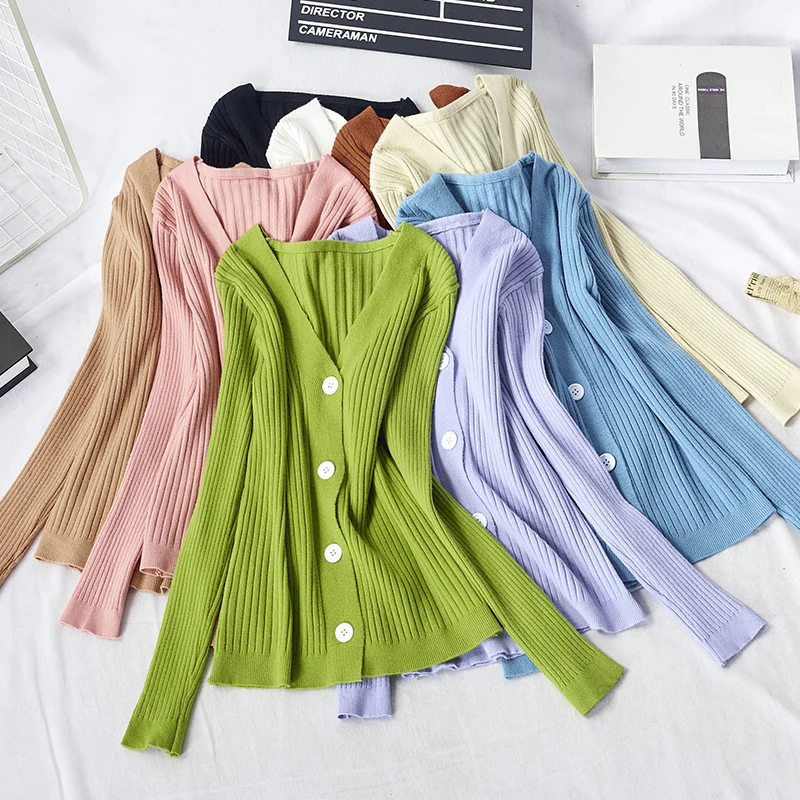 

Lucyever Women Sweaters Cardigans 2021 Single-breasted V-Neck Long Sleeve Knitted Top Woman Ribbed Basic Sweater Coat Female