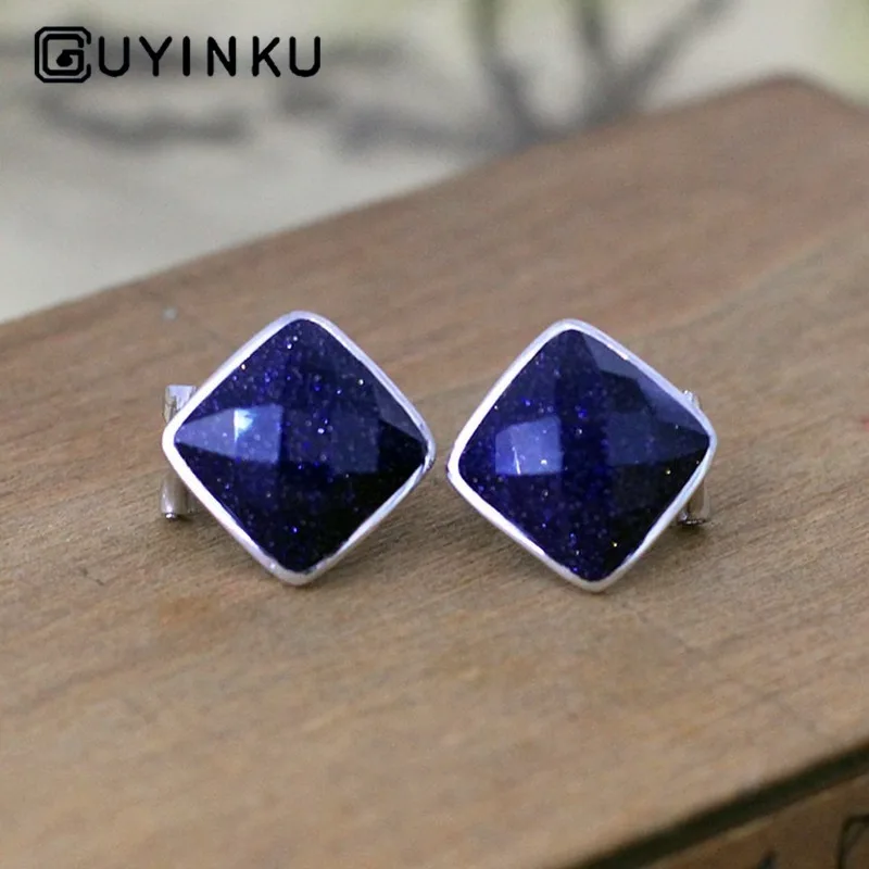 S925 sterling silver Stud Earrings Women's ear Decoration simple black agate Blue Sand Stone Gemstone | Украшения и
