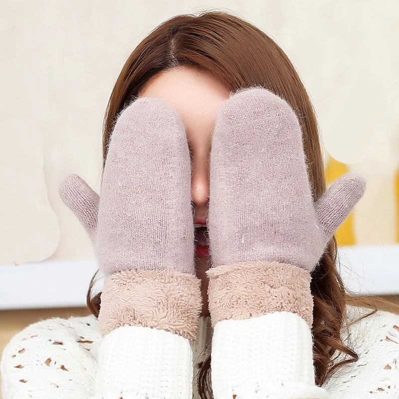 Милые Женские однотонные варежки Guantes, женские зимние вязаные шерстяные толстые кашемировые/бархатные теплые черные перчатки, милые женские перчатки без пальцев