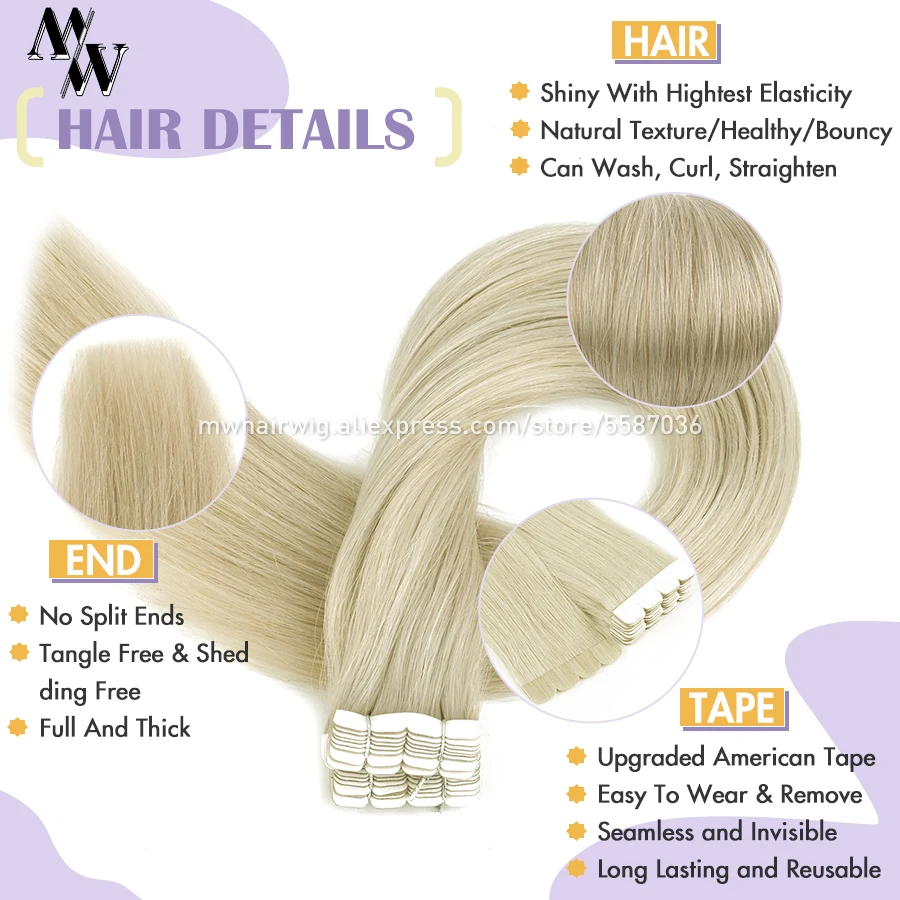 MW Mini Tape In Human Hair Extensions Natural Straight Hair Machine Remy Invisible Skin Weft Adhesive Glue On Hair 12