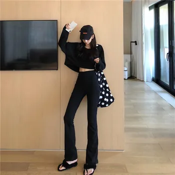 

Women Outfits Fashion Chic Two Piece Set Casual Sexy Crop Tops + High-waisted Slimming Flare Pants Full Trousers Trainning Suit