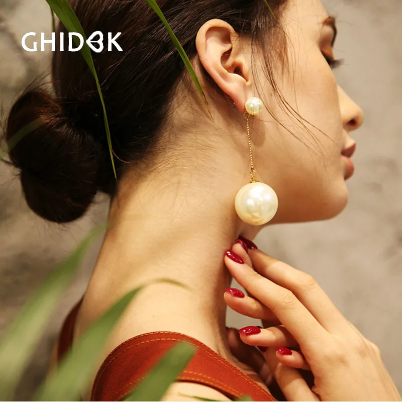 

GHIDBK Trendy Double Pearls Chain Dangle Earrings for Women Wedding Chandelier Earrings Drop Big Small Pearls Statement Earrings