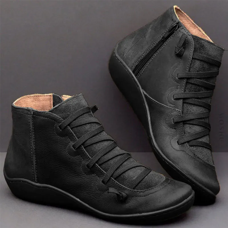 Женские ботинки г. Новая осенне-зимняя Винтажная обувь на молнии женские ботинки на шнуровке женская обувь модные ботильоны из pu искусственной кожи - Цвет: Black