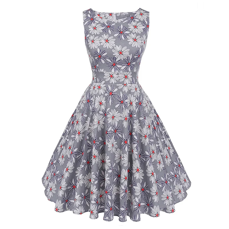 Kostlish Cotton Summer Dress Women 2017 Sleeveless Tunic 50s Vintage Dress Belt Elegant Print Rockabilly Party Dresses Sundress (61)