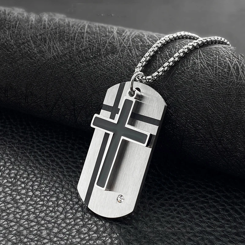 Military Style Matte Dog Tag Rhinestone Stainless Steel Necklace Choker