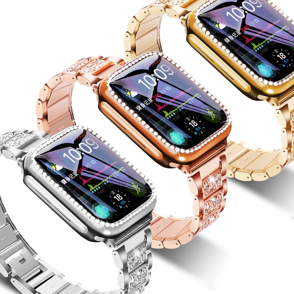 

Band + Case Metal Strap For Apple Watch Series 5 Strap 40mm 44mm Diamond Ring 38mm 42mm Stainless Steel Bracelet iwatch 4/3/2/1