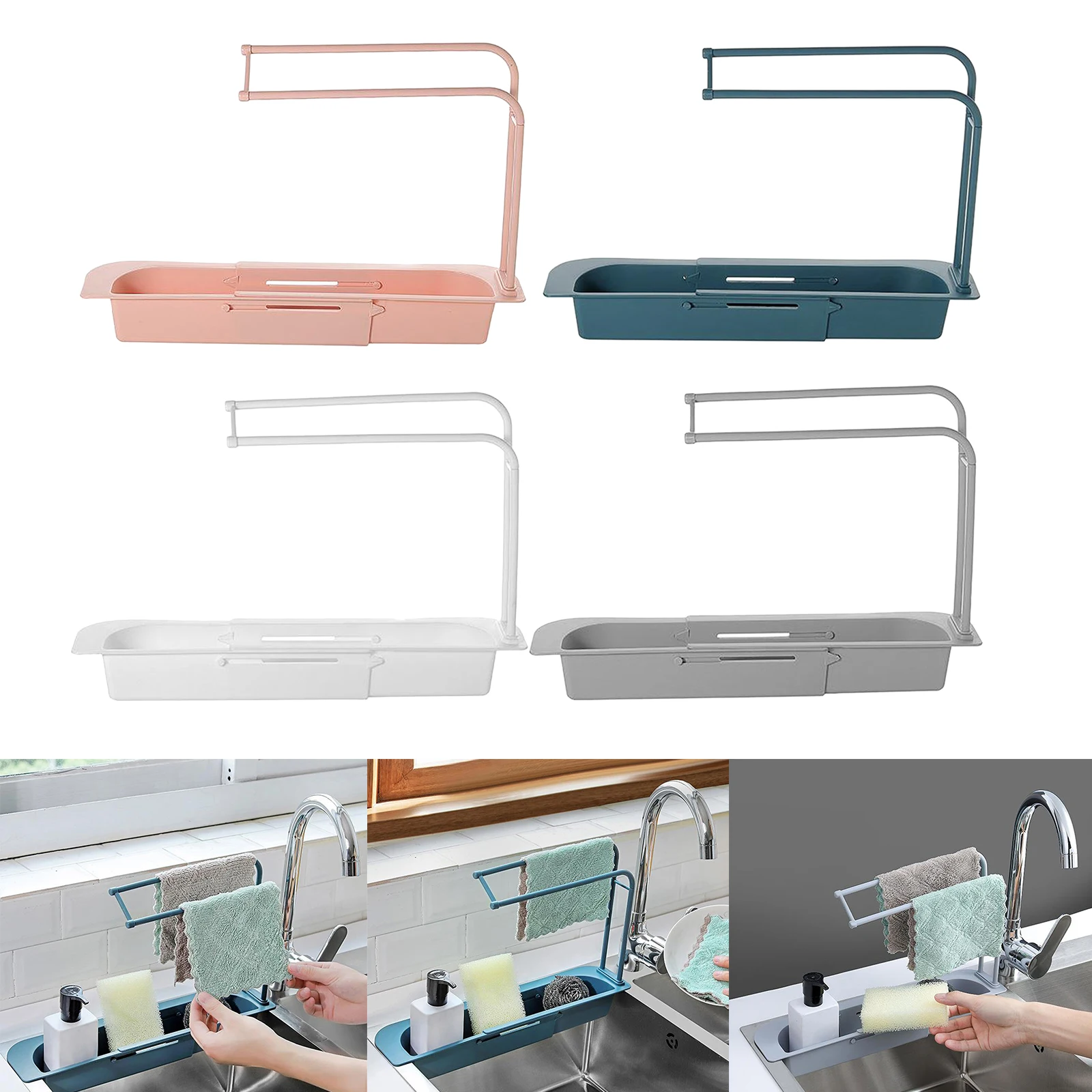 Telescopic Sink Drain Basket Dish Cloth Rack Shelf Kitchen Organizer Plastic PP