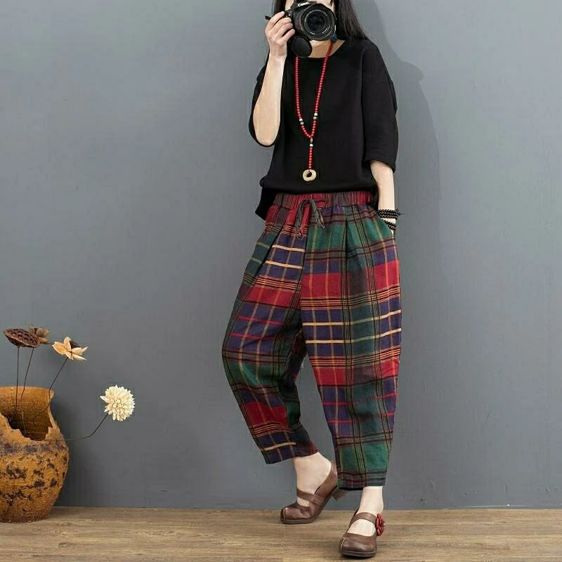 Kaufen Frühling Neue Kunst Stil Frauen Harem Hosen Elastische Taille Plaid baumwolle leinen Vintage Hosen Top qualität Lose Knöchel länge hosen D415